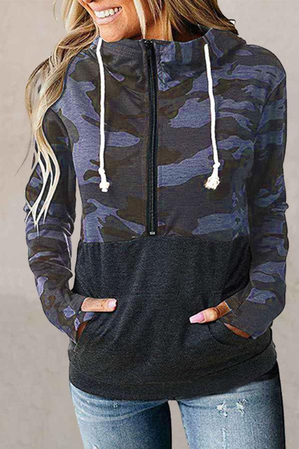 Patchwork Mandarin Collar Hooded Sweatshirt