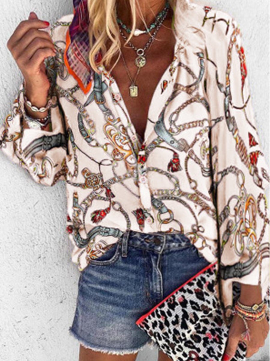 Casual Print Split Joint Turndown Collar Tops