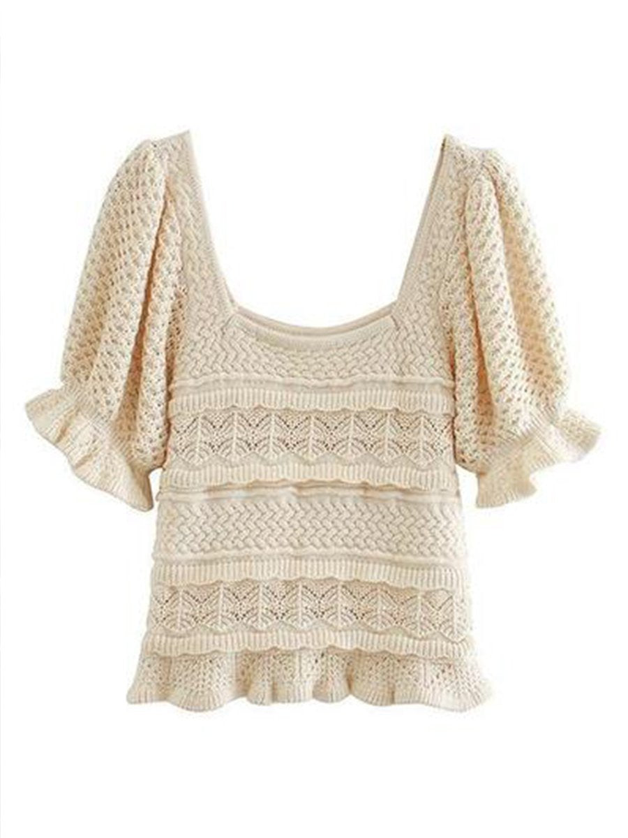 Jacquard Mesh Square Neck Five-point Sleeve Sweater