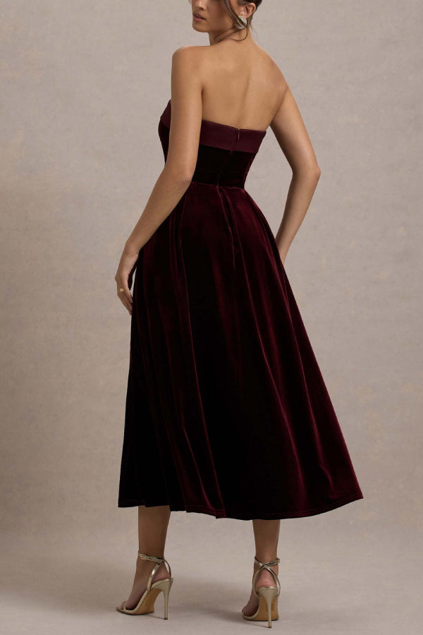 Center of Attention Velvet Satin Neck Bandeau Pleated Midi Dress