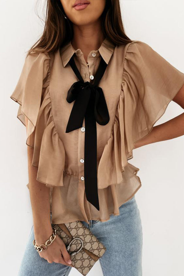 Solid Color Tie Neck Ruffle Trim Blouse