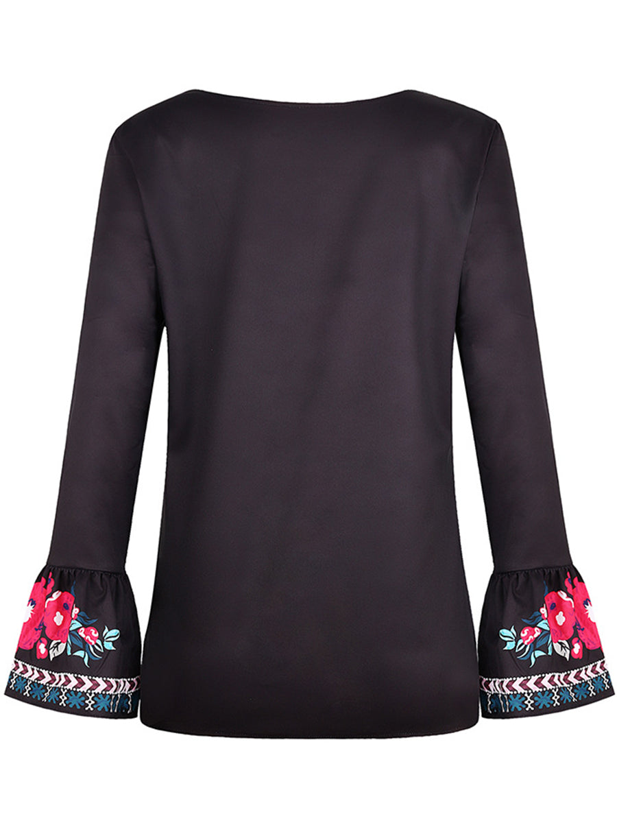Loose Ethnic Print Long-sleeved T-shirt