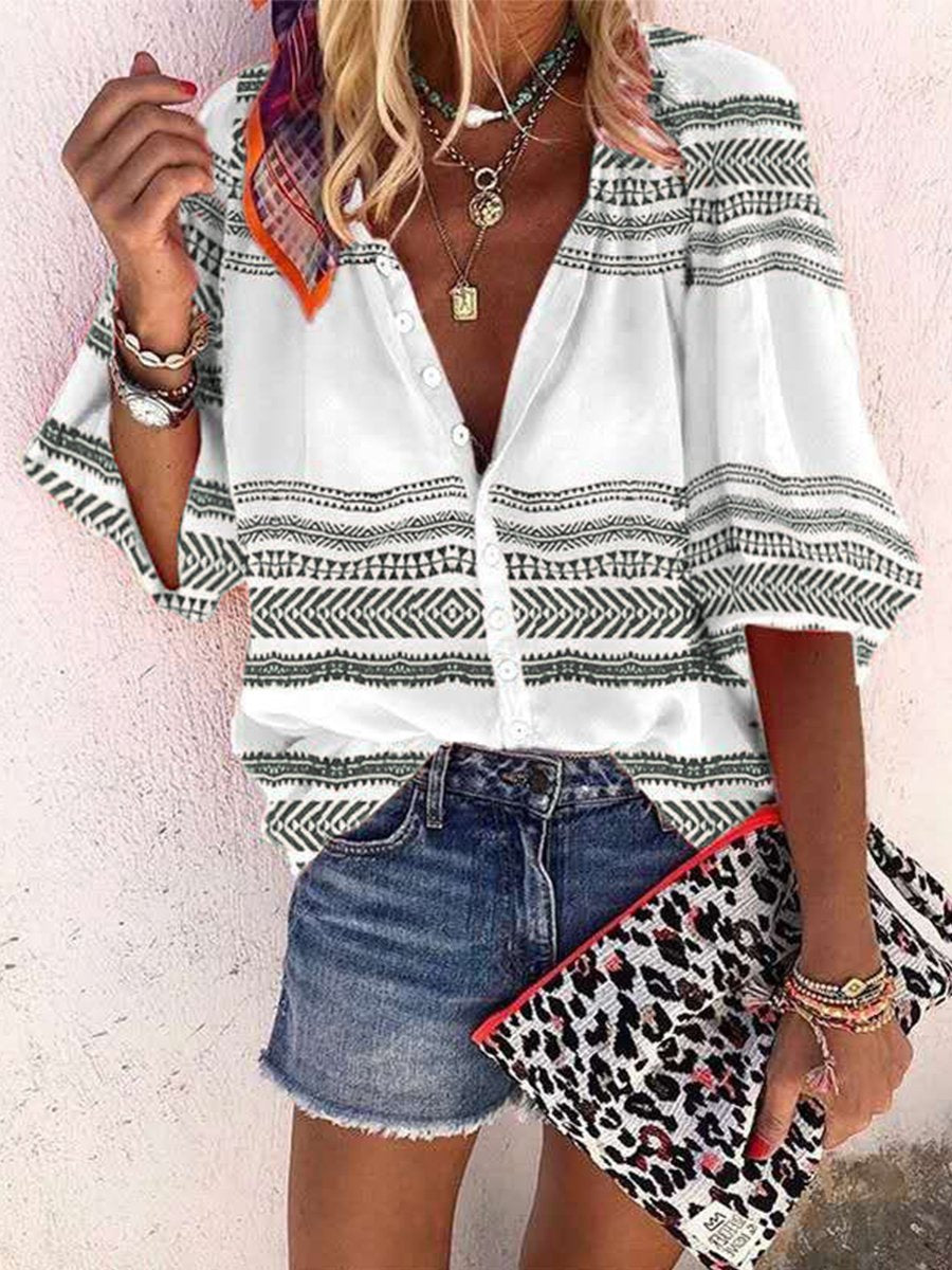 Casual Shirt-neck Button Striped Long Sleeve Blouse