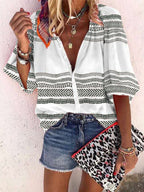 Casual Shirt-neck Button Striped Long Sleeve Blouse