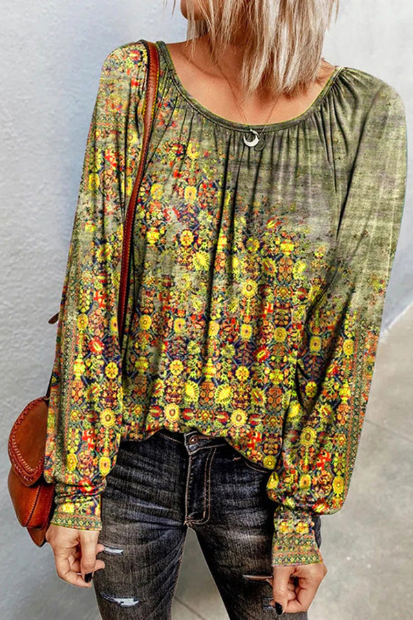 Floral long-sleeved round neck T-shirt bottoming shirt