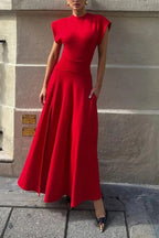 City Language High Neck Wide Short Sleeve Pocketed Slit Maxi Dress