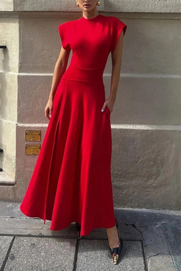 City Language High Neck Wide Short Sleeve Pocketed Slit Maxi Dress