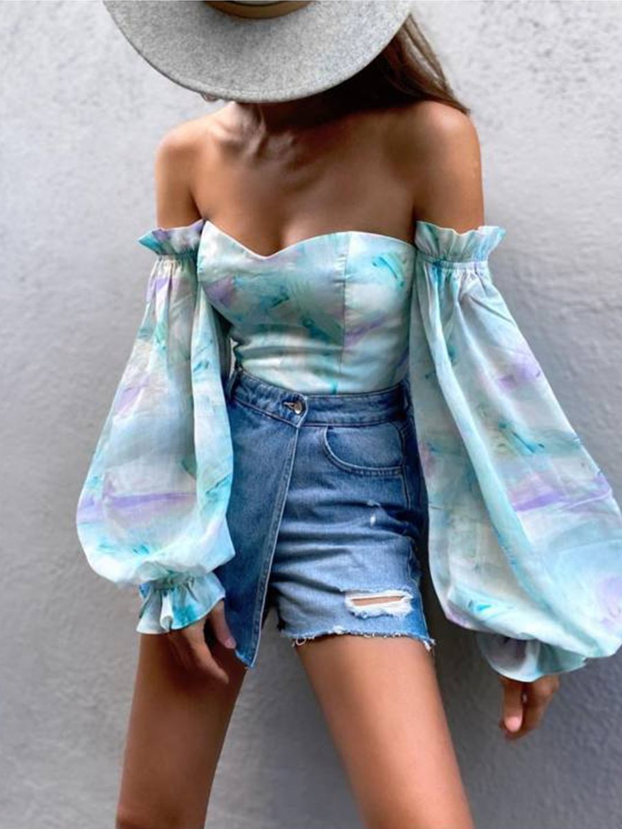 Fashion Printed Lantern Sleeve Chiffon Shirt