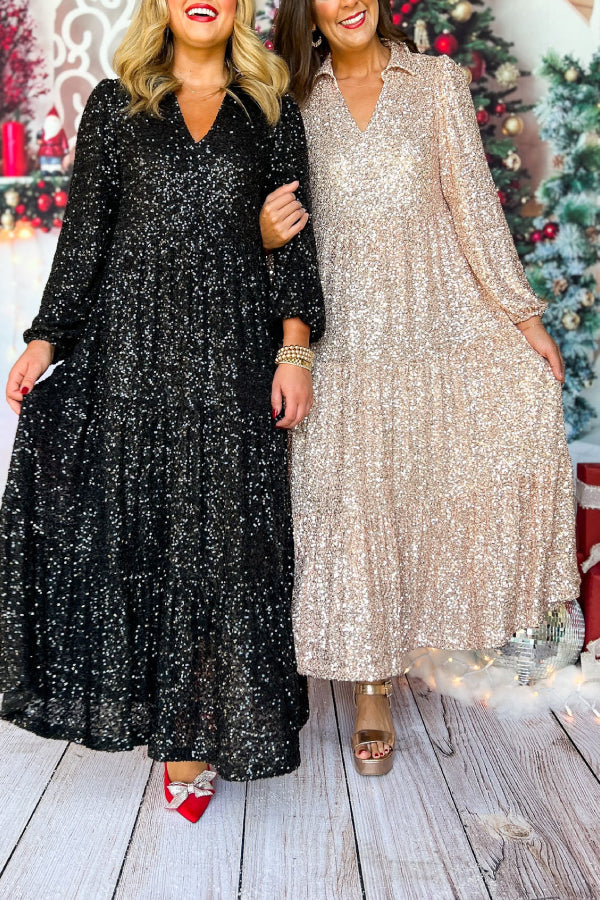 Christmas Elegant Sequin Long Sleeve V Neck Midi Dress