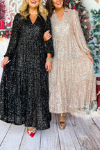 Christmas Elegant Sequin Long Sleeve V Neck Midi Dress