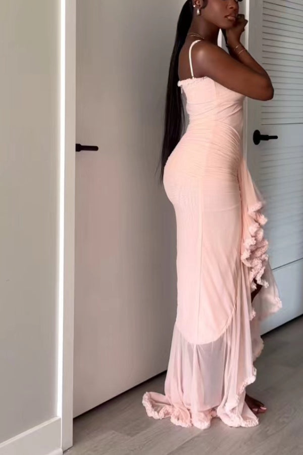 Retro Romantic Style Mesh Ruffle Trim Ruched Slit High Low Maxi Dress