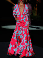 Fashion Elegant V-neck Plant Print Maxi Dress