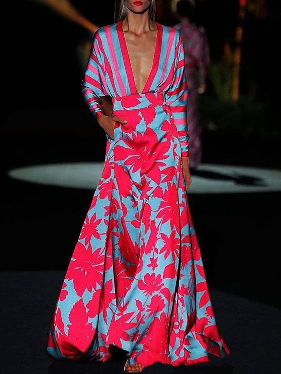 Fashion Elegant V-neck Plant Print Maxi Dress