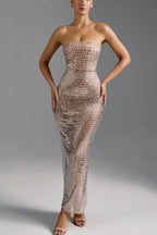 Flash Sculpture Rhinestone Embellished Bandeau Slit Stretch Maxi Dress