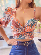 Printed One Shoulder Bubble Sleeve Top