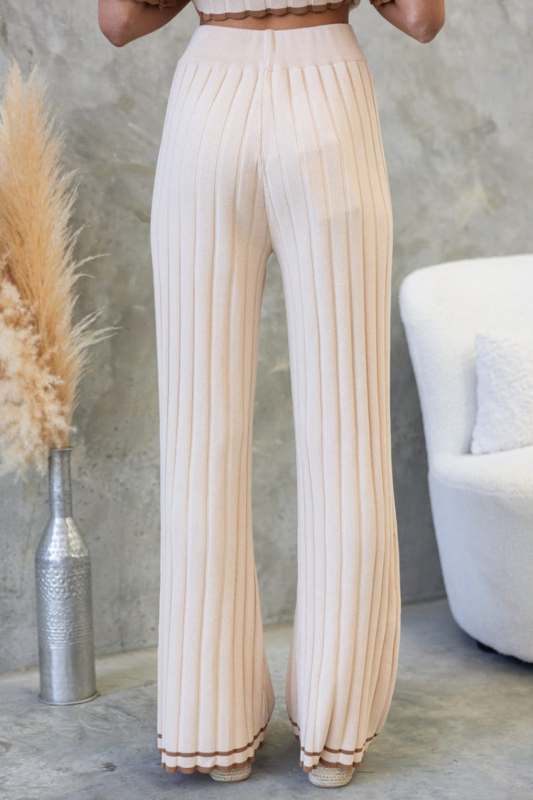 JODIE RIBBED KNIT COLOR BLOCK TRIM HIGH RISE WIDE LEG STRETCH PANTS