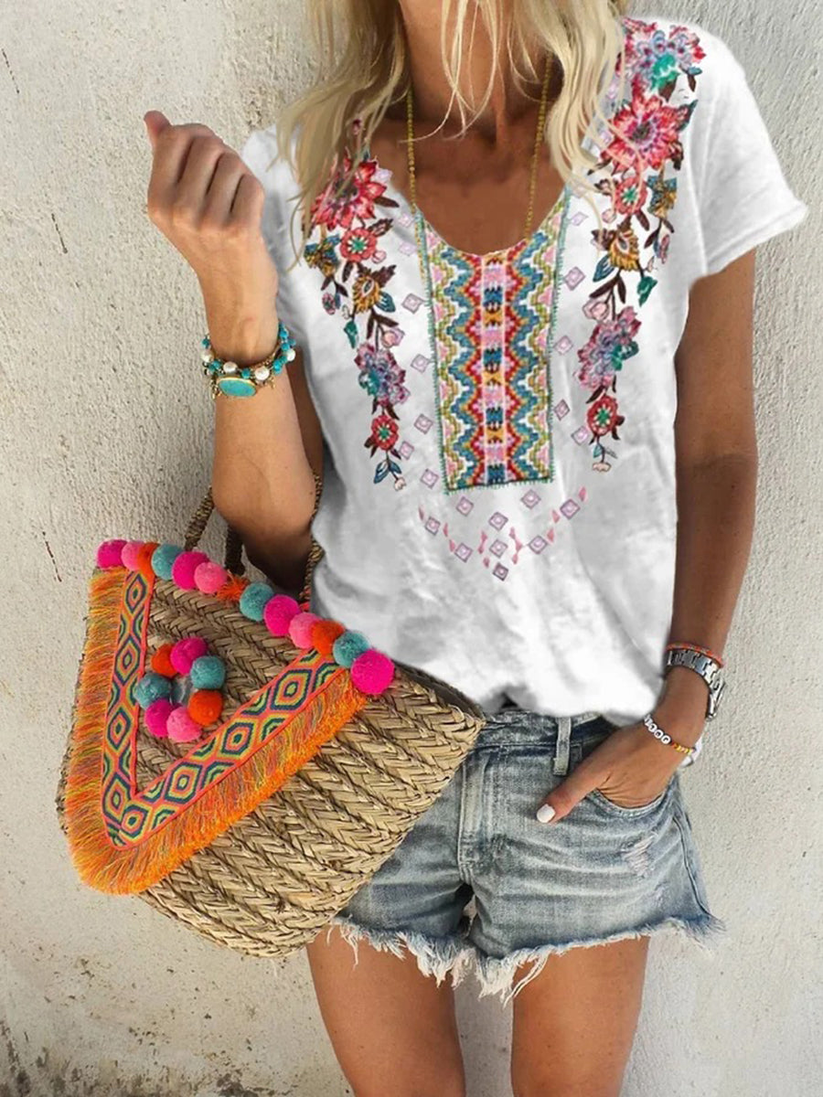 Flower Print U Collar T-shirt