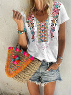 Flower Print U Collar T-shirt