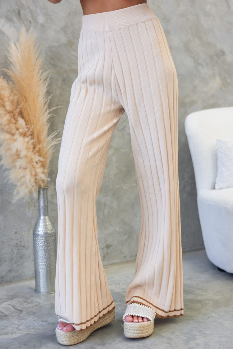 JODIE RIBBED KNIT COLOR BLOCK TRIM HIGH RISE WIDE LEG STRETCH PANTS