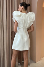 Lace Ruffled Trim Long Sleeve A-Line Midi Dresses-White