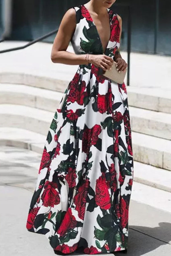 Vacation Style V-neck Sleeveless Print Dress