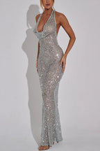 Shine All Night Sheer Sequin Cowl Neck Halter Maxi Dress