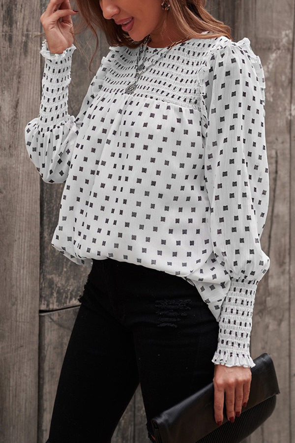 Polka dot chiffon shirt with ruffled lantern sleeves