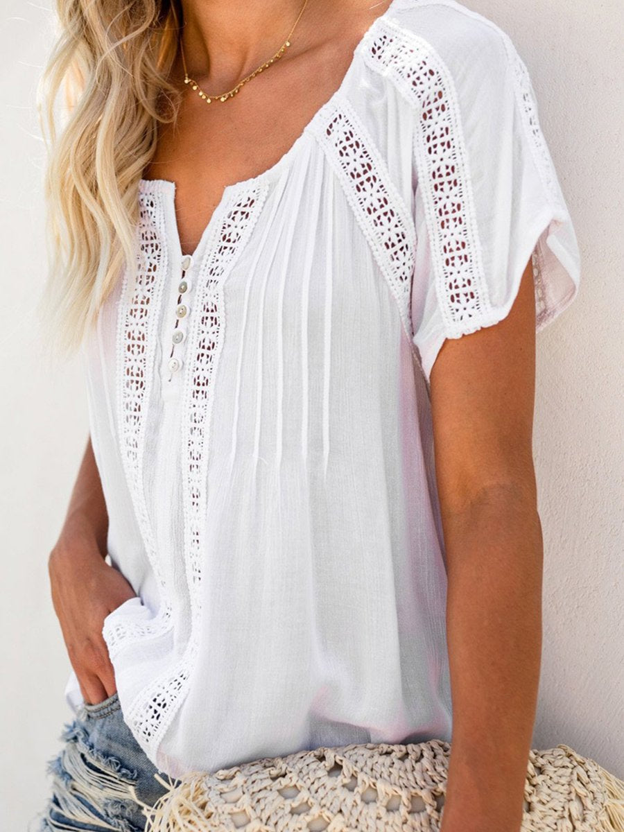 V-neck Short Sleeve Lace Hollow-out Blouse
