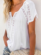 V-neck Short Sleeve Lace Hollow-out Blouse