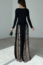 Marino Panelled Leopard Tulle Square Neck Long Sleeve A-line Maxi Dress