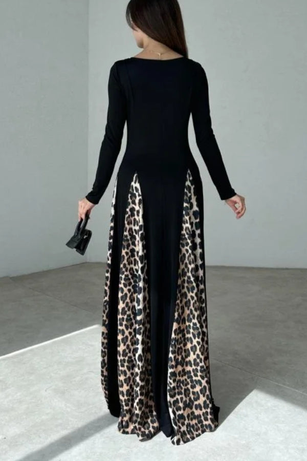Marino Panelled Leopard Tulle Square Neck Long Sleeve A-line Maxi Dress