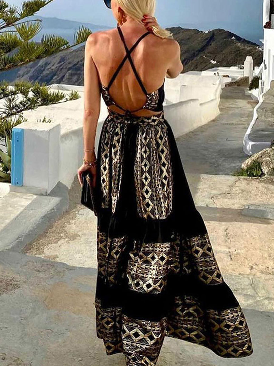Bohemian Print Open Back Dress