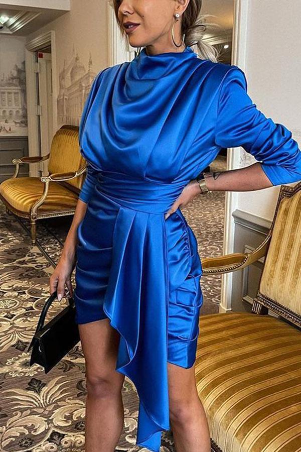 Long Sleeve Ruched Bodycon Satin Dress