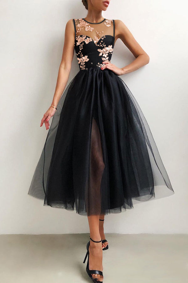 Flower Embroidered Mesh Slit Front Evening Dress