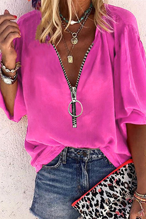 Leopard Print V-neck Zipper Decor Half Sleeve Blouse