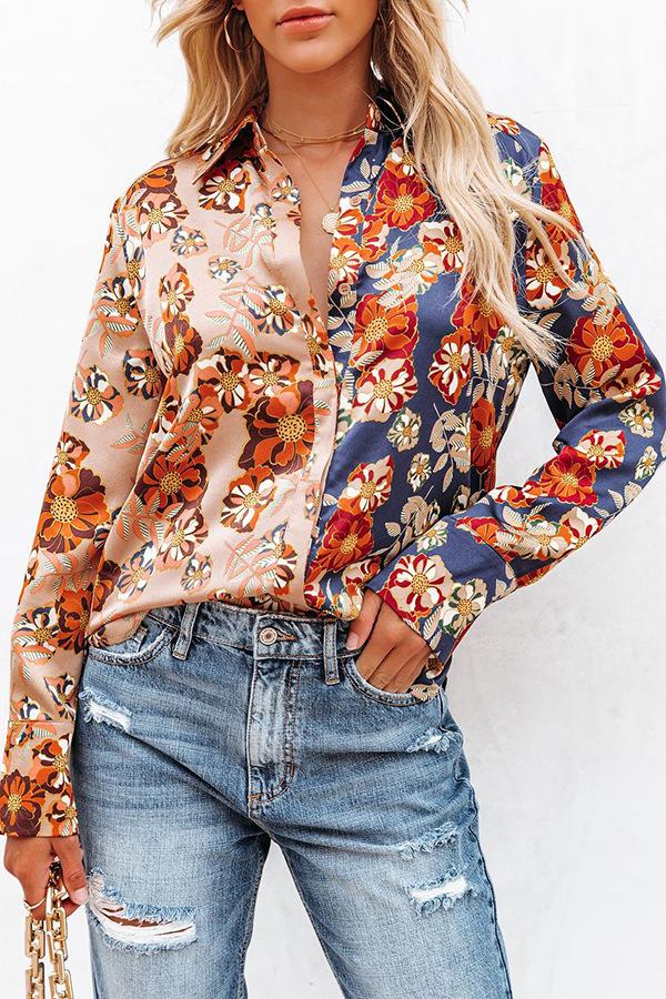 Floral long sleeve women's Lapel button shirt