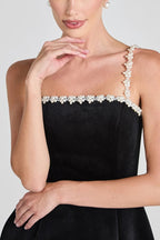 Sweet Poetry Velvet Pearl Trim Straps Pocketed Tulip Style Mini Dress