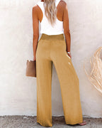 LINEN BLEND HIGH RISE SMOCKED PANTS