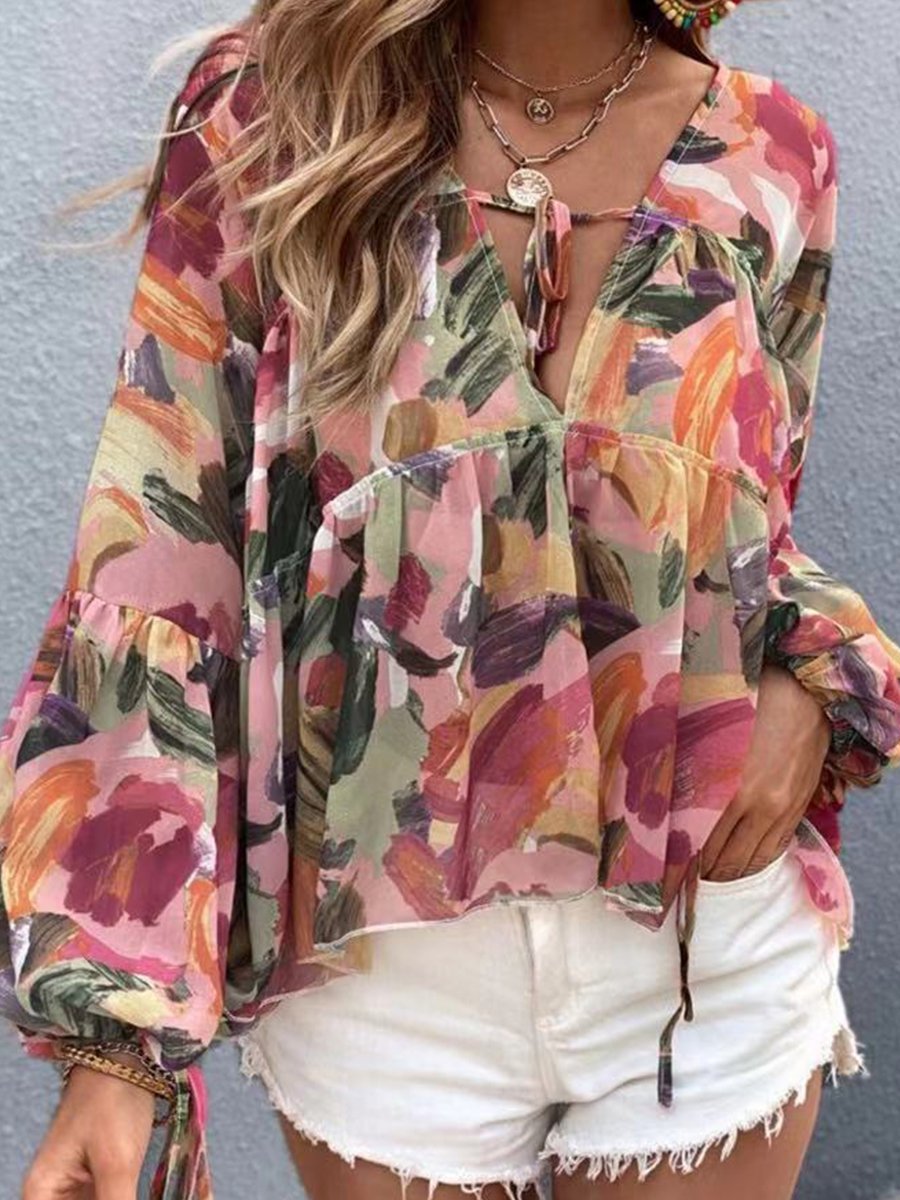 V-neck Long Bat Sleeve Print Blouse