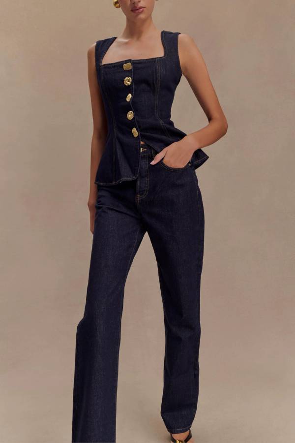Stassi Denim High Waist Pocketed Straight Leg Jeans