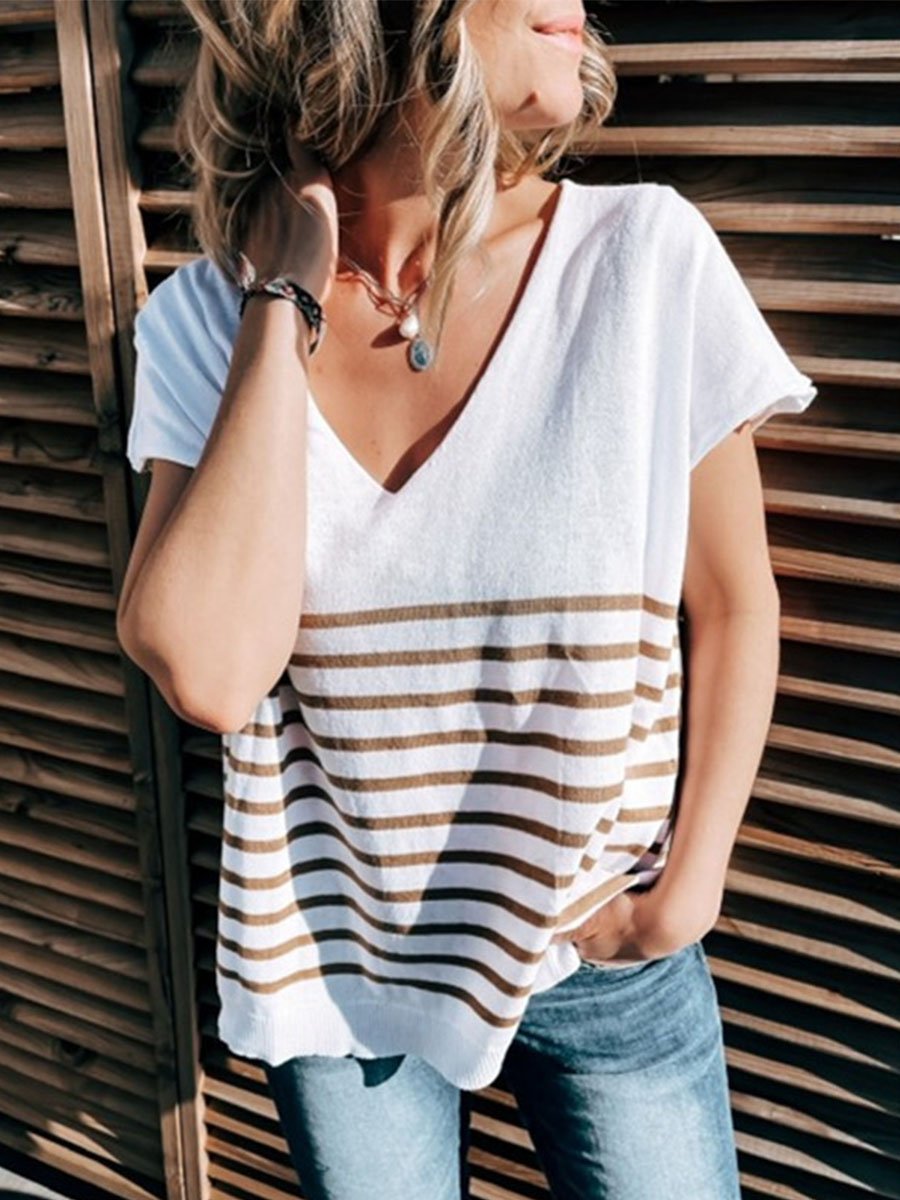 V-neck Striped Loose T-shirt