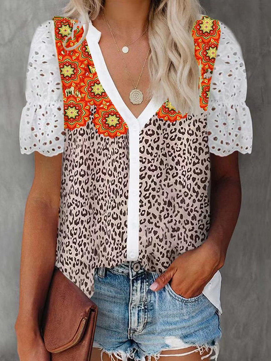 Flower Print Leopard Hollow-out T-shirt