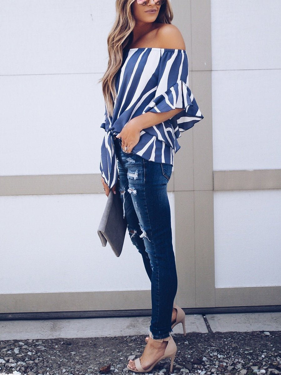 Off-the-shpulder Striped Loose Chiffon Top