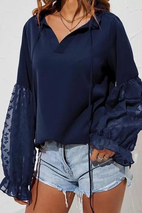 Solid V-Neck Long Sleeves Casual Blouses