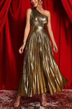 Be My Guest Metallic Fabric Pleated One Shoulder Maxi Dress