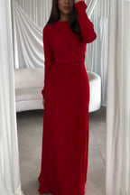 Elegant Bright Red Pleated Slim Dress